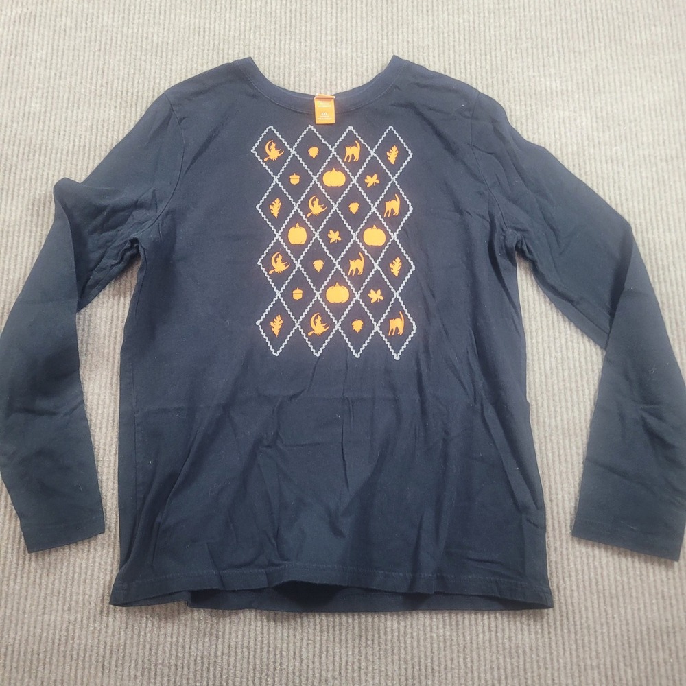 Womens Halloween Graphic Long Sleeve Argyle T-Shirt Black Orange Pumpkin Cat XXL